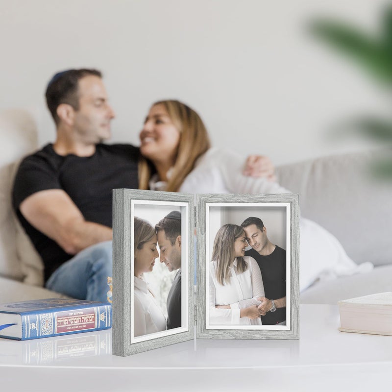 Afuly 4x6 Picture Frame Double Picture Frames 4 by 6 Grey Hinged Photo Frames Modern Wooden Frame Desk Vertical 2 Openings Display Gifts for Chirstmas Wedding Birthday Grandma Women Mom Friends - Image 2